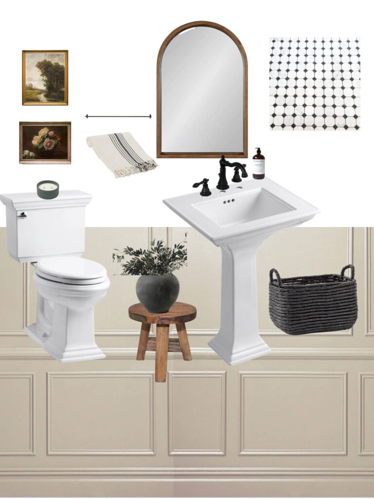 Design Board for bathroom with white sink and wood mirror