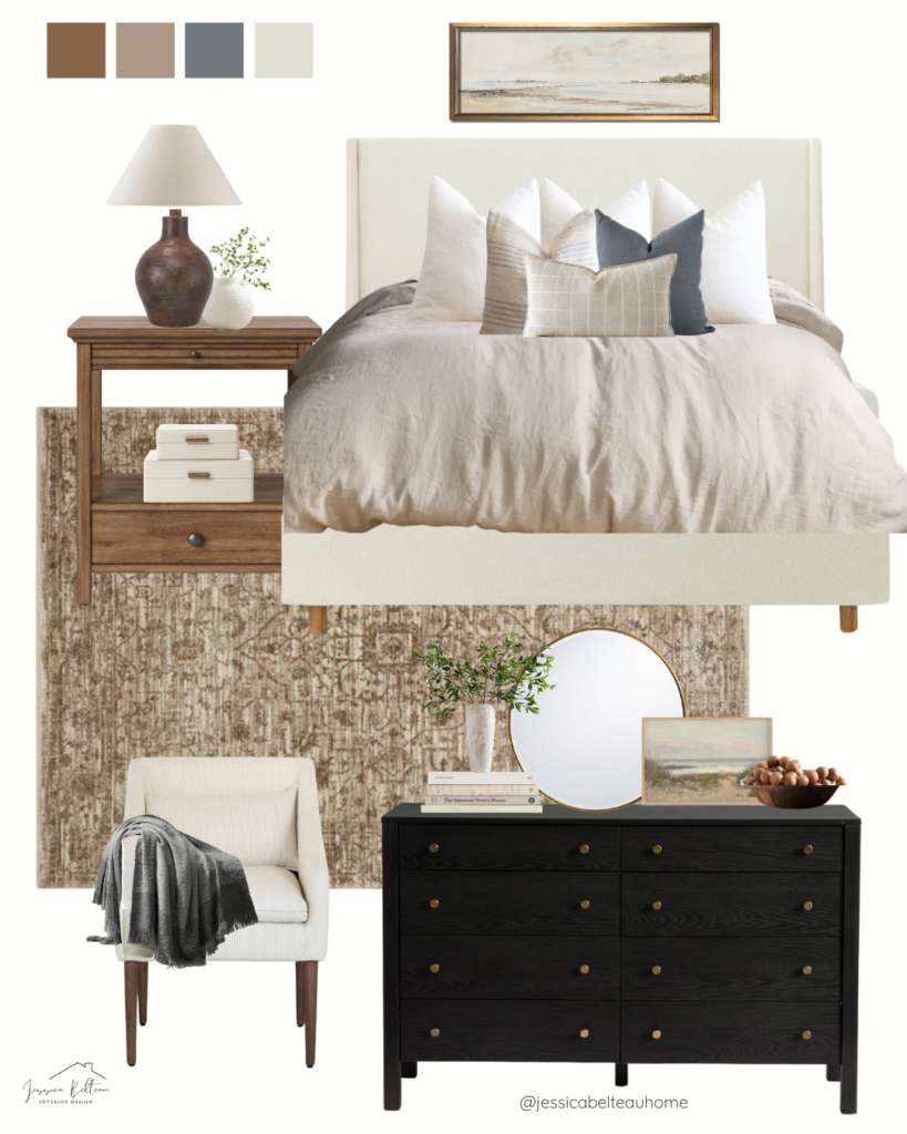 White bed, brown nightstand, black dresser